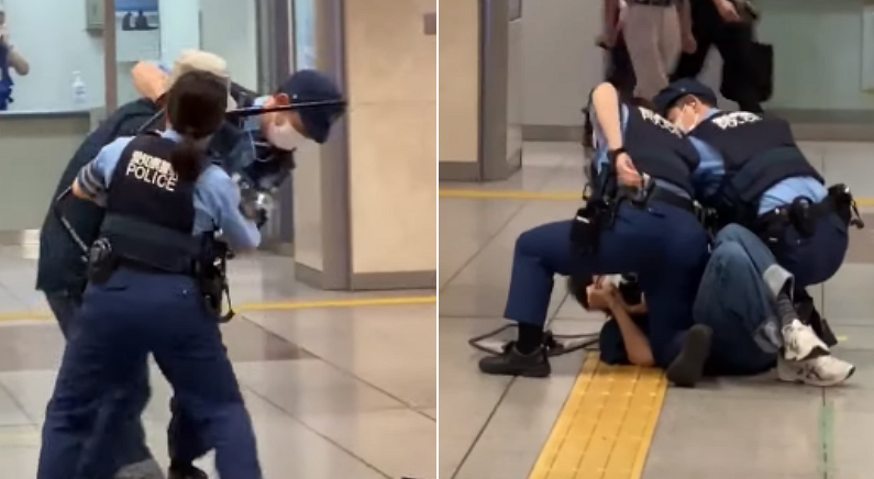 흉기 들고 지하철역 돌아다니는 남성에게 달려들어 제압하는 일본 여경 (영상)