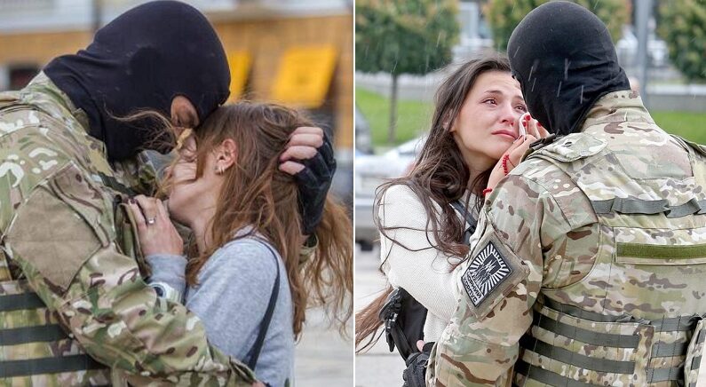 우크라이나 침공 시작한 러시아에 아내와 작별 인사하는 우크라이나 군인들