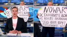 러시아 뉴스 생방송 중 ‘전쟁 반대’ 피켓 들고 뛰어든 방송국 직원 (영상)